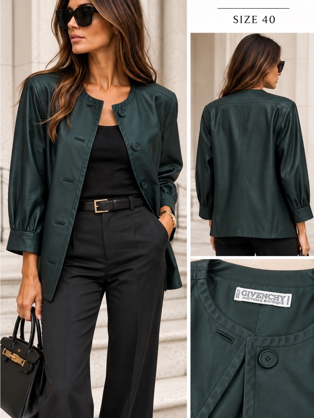 Givenchy Dark Green Collarless Leather Jacket